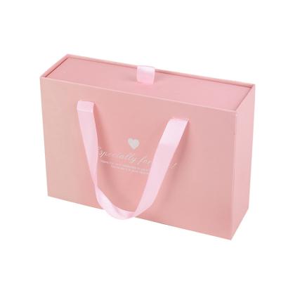 China Luxury Custom Biodegradable Cardboard Logo Pink Ring Silk Scarf Gift Box Jewelry Packaging Box Sliding Drawer Box With Handle for sale