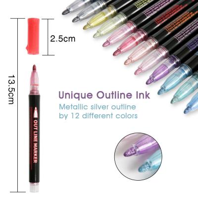 China 12-Color Outline Double Line Permanent Ink Marker Pens for Erasable Writing for sale