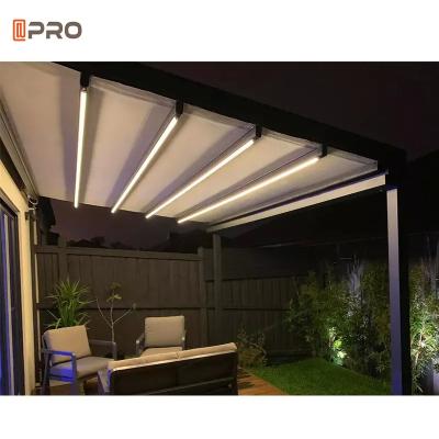China Remote Control Pvc Roof Outdoor Aluminium Pergola Retractable Awning With Light Strip for sale