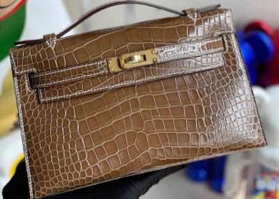 China 22cm Crocodile Leather Handbags , Tobacco Leather Square Bag for sale
