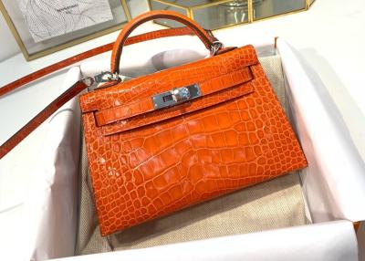 China Orange Crocodile Skin Bag , 19cm Genuine Crocodile Leather Bag for sale