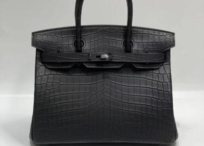 China Animal Texture Black Alligator Skin Birkin Bag With Silver Buckle for sale