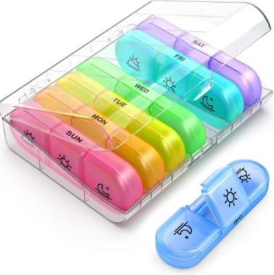 China Transparent Plastic Pill Storage Case Organizer Container 21 Compartments Rainbow Colour Pill Medicine Box for sale