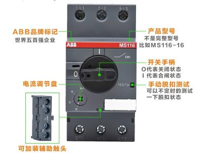 China Interruptor manual 3 poste 0.1~32A 230/400V 440V Icu del arrancador de ABB MS116 hasta 50kA IEC 60947 en venta