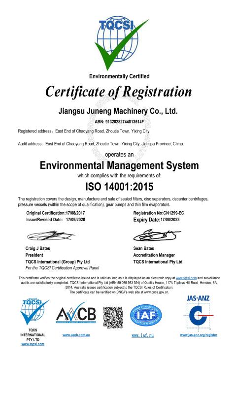 ISO14001:2015 - JUNENG MACHINERY (CHINA) CO., LTD.