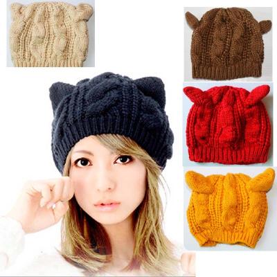 China Women's Cat Ear Beanie Knitted Cap Winter Knitted Beanie for sale