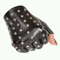 Quality Black PU Leather Studded Lined Biker Punk Driving Fingerless gloves Eyelets for sale