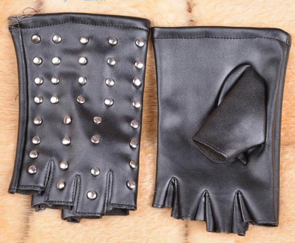 Quality Black PU Leather Studded Lined Biker Punk Driving Fingerless gloves Eyelets for sale