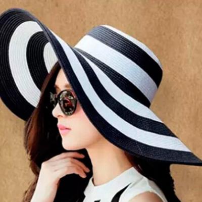 China Lady Stripe Large Wide Brim Straw Hat Summer Beach Floppy Sun Cruise Hat for sale