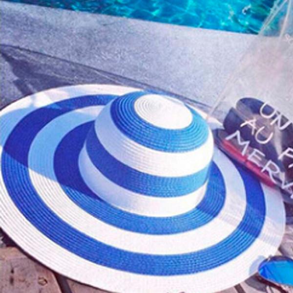 Quality Lady Stripe Large Wide Brim Straw Hat Summer Beach Floppy Sun Cruise Hat for sale
