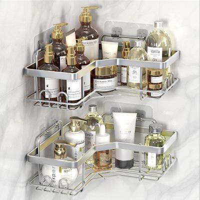 China L-shaped Design No drilling Stainless Steel Strong adhesive Shower Organizer Shelf with 8 hooks for sale