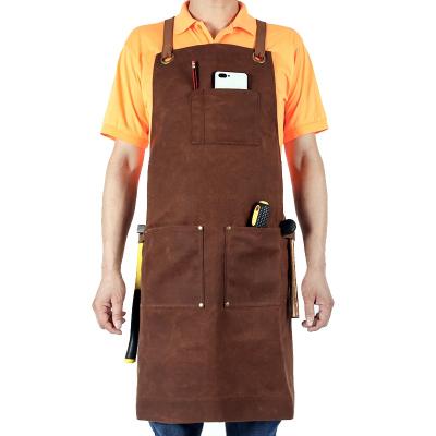 China Water Resistant / Durable Heavy Duty Waterproof Waxed / Vintage Canvas Apron Custom Size Unisex Work Shop With Tool Pockets for sale