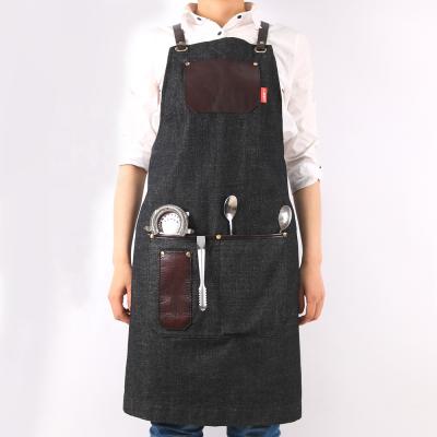 China Custom Washable Color Mens Bartender Apron Leather Strap Apron Denim Uniform Apron With Pockets for sale
