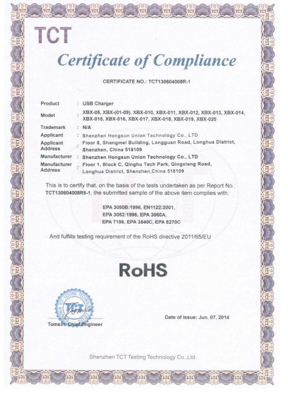 RoHS Certificate - SHENZHEN  HONGSUN  UNION  TECHNOLOGY CO., LTD