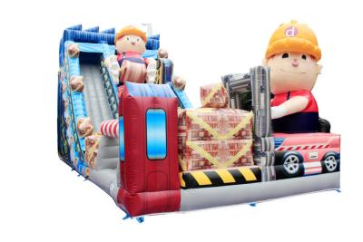China Worker Theme Large Inflatable Slide With Jumping Tarmpoline Fire Retardant for sale