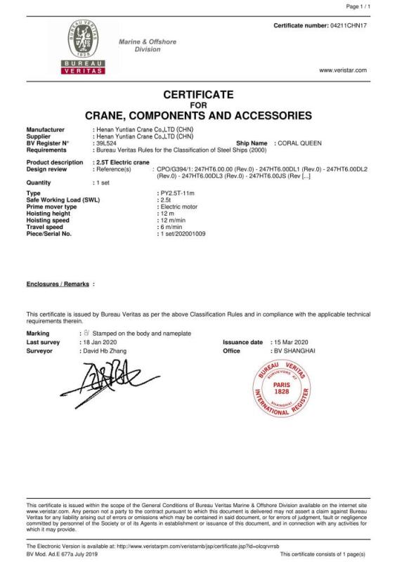 BV - Henan Yuntian Crane Co., Ltd.