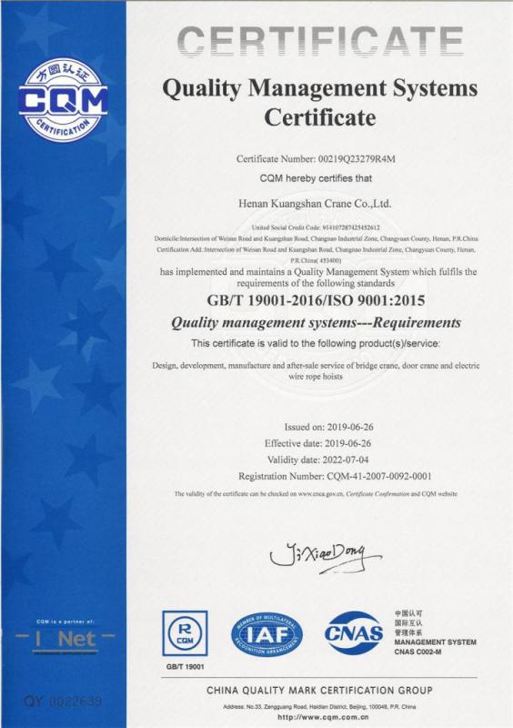 ISO9001 - Henan Yuntian Crane Co., Ltd.