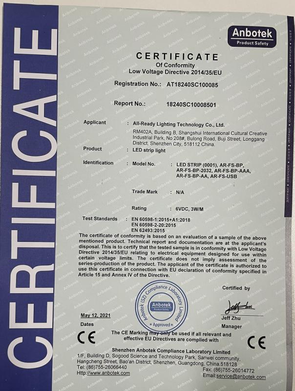 CE Certification - Shenzhen All-Ready Lighting Technology Co., Ltd