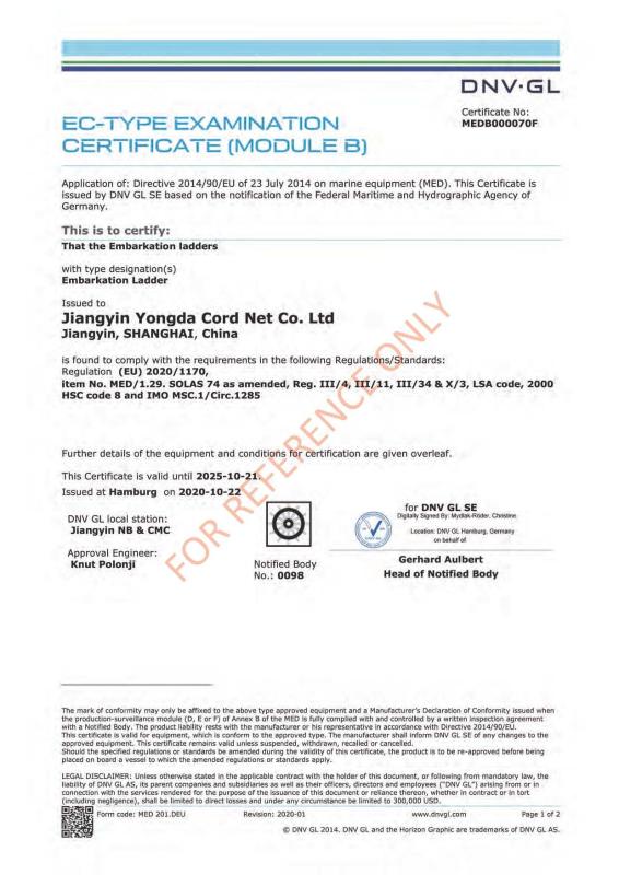 EC-TYPE EXAMINATION CERTIFICATE(MODULE B) - Jiangyin Yongda Cord Net Co., Ltd.