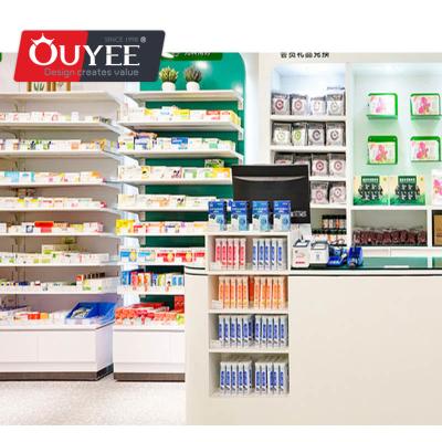China Latest Customized Modern Interior Designed Pharmacy Store Customized Modern Wood Showcase Cabinet With Pharmacy Shelves for sale