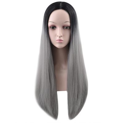 China European and American chemical fiber long straight hair wig color gradient chemical fiber wig female african silver gray life class en venta
