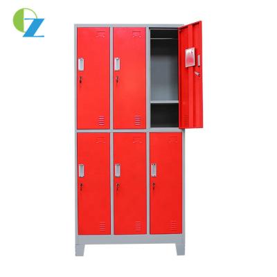 China Red Color Metal Storage Cabinet Fitness 6 Door Staff Lockers With Standing Feet for sale