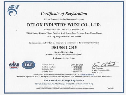 ISO9001:2015 - Delox Industry Wuxi Co., Ltd.