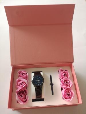 China Magnetic Cardboard Watch Boxes Pink Womens Watch Case With Soap Flower for sale