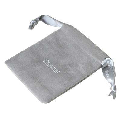 China Light Grey Small Velvet Jewelry Pouch Drawstring Bags Printed Hot Stamping Logo for sale