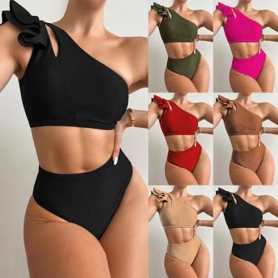 China One Shoulder Ruffled Two Piece Bikini Solid Color Split Sexy Swimsuits For Women for sale