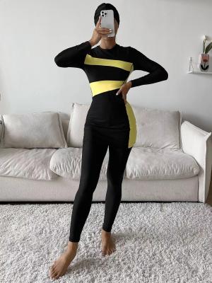 China Yellow Stitching Muslim Swimsuit For Ladies Conservative Modest Islamic Swimwear Beach for sale