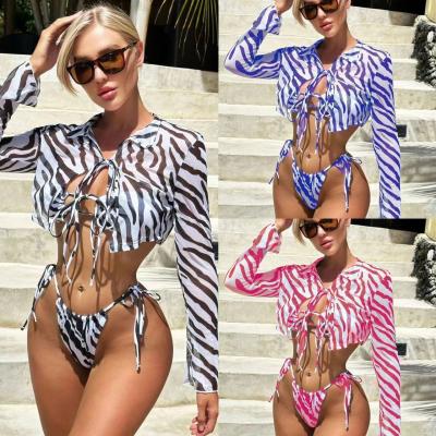 China Striped Printed 3 Piece Swimwear Shirt Collar Mesh Sexy Three Piece Bikini Set for sale