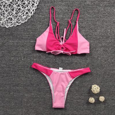 China Swimming Two Pink Bikini Set UPF 50++ Sexy Ladies Bikini Nylon Fabric for sale