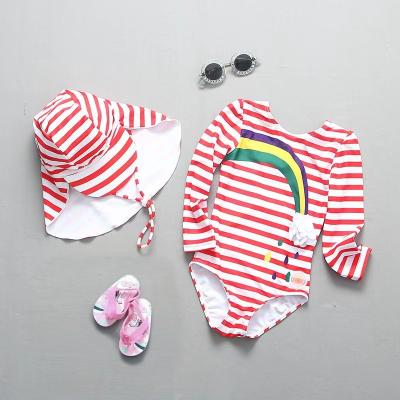 China Red Printed Girls Swimming Suits Sunprotection Hat Big Children'S Swimsuit Fashion for sale
