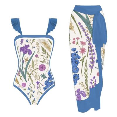 China Fringed Bikini Three Piece Swimwear Ladies Flash Cloth 3 Piece Swimming Suit flower printing  nylon material for sale
