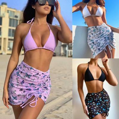 China Women's 3-piece Swimsuit with Striped Printed Pleated Skirt for sale