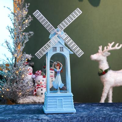 China China Latest Europe New Model Windmill Shape Water Cycle Snowflake Lantern Cartoon Princess Dancing Scene Spinning Snow Globe for sale