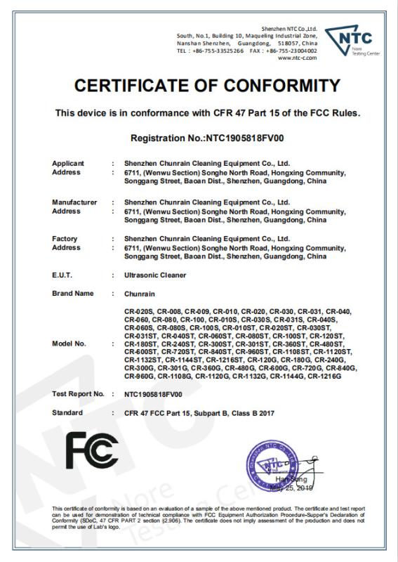 FCC - Shenzhen Chunrain Cleaning Equipment Co., Ltd.
