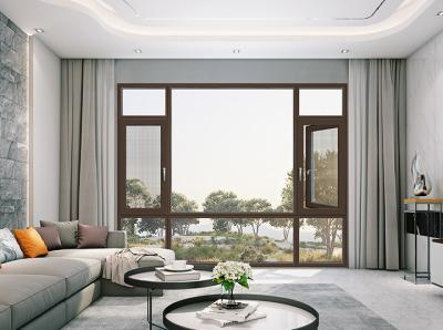 China Symmetrical Tower Aluminium Casement Windows Tinted Glaa Sandalwood Color for sale