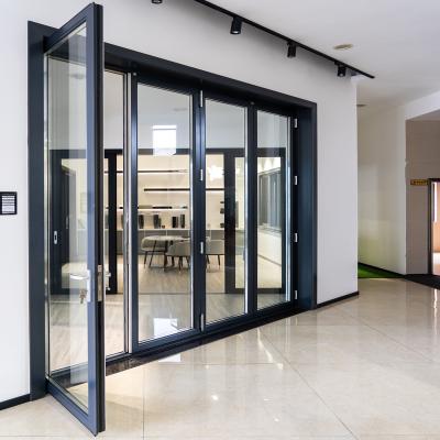 China Two Way 6063 Aluminum Folding Door With Digital Handle Black Color Frame for sale
