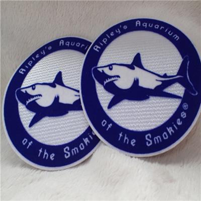 China Double Color Round Shape Iron On Custom Patches Shark Logo Tatami Flocking With Hot Melt Glue for sale