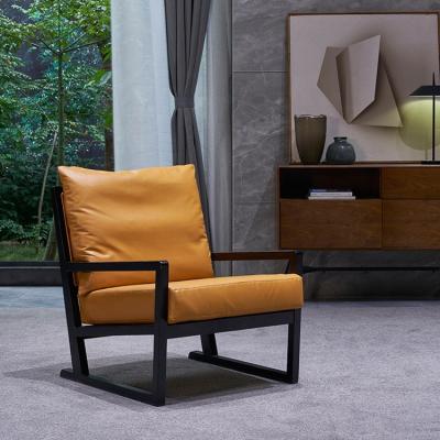 China ODM Yellow Leather Leisure Chairs With Wood Arms Wooden Base for sale