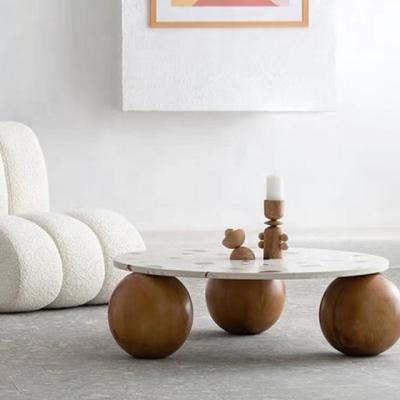 China Round Marble Topped Pedestal Coffee Table Marble Plate Wooden Ball Base for sale