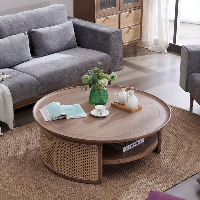 China Vintage Solid Wood Rattan Round Coffee Table 80*80*40 For Hotel Hall for sale