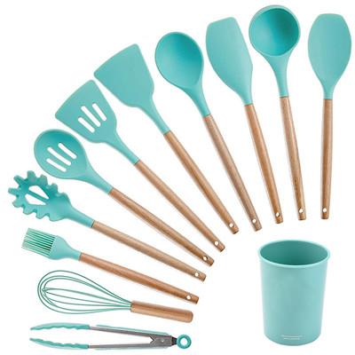 China Green Silicone Kitchen Cooking Utensils Set With Wooden Bamboo Handles for sale