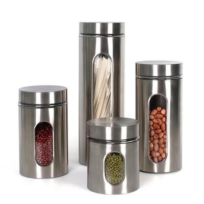 China 4 Piece Silver Stainless Steel Canister Set with Glass Windows Stainless Steel Houseware for sale