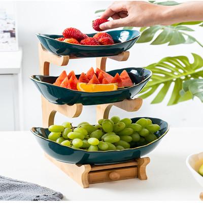 China White Green 2 3 Tier Ceramic Fruit Bowl with Bamboo Wood Stand for Kitchen Counter for sale