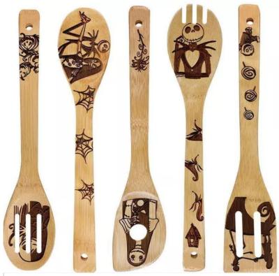 China Halloween Christmas Bamboo Kitchen Utensils Laser Engraved Bamboo Cutlery Set for sale