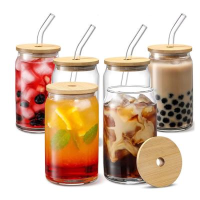 China 16oz Clear Mason Soda Juice Glass Jars With Bamboo Lids And Glass Straw for sale