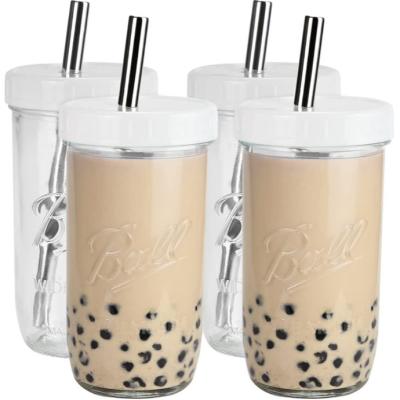 China Wide Mouth Glass Tea Reusable Smoothie Cups With Straw 16oz 24oz for sale